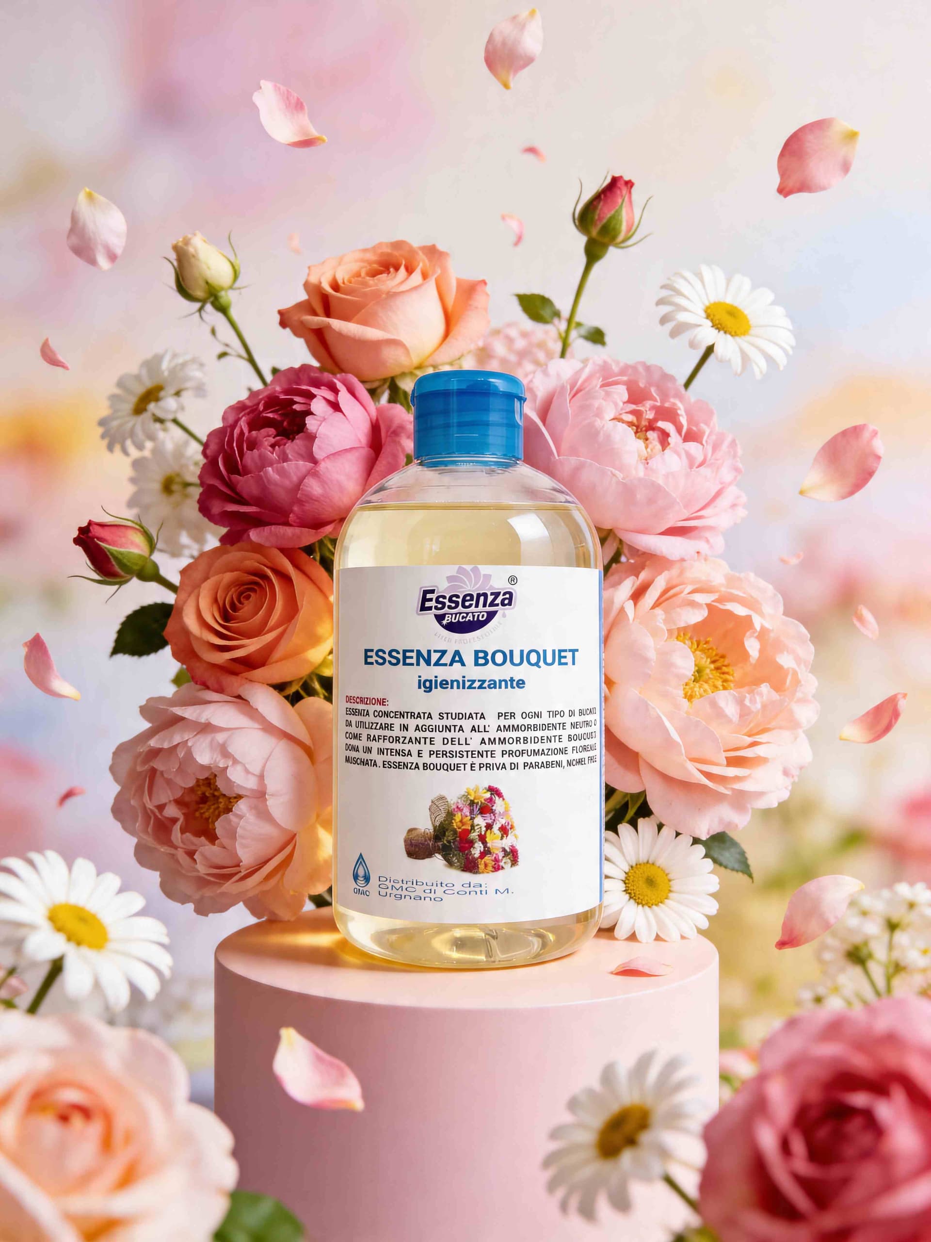 Essenza Bouquet su piedistallo con fiori rosa e peonie