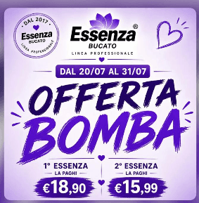 Offerta Bomba: prima essenza 18,90 euro e seconda essenza 15,99 euro, valida fino al 31 luglio